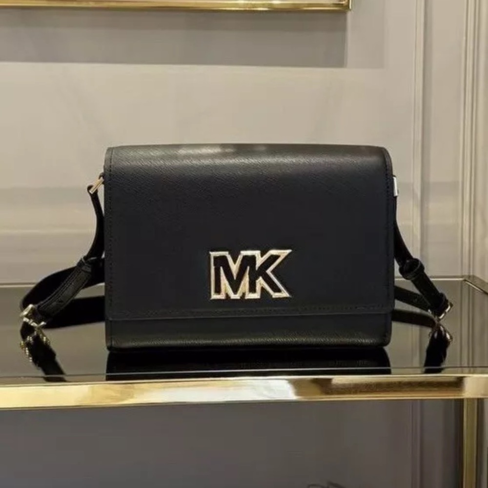 Michael Kors Mimi Medium Leather Crossbody Bag Black Gold NWT - Picture 1 of 9
